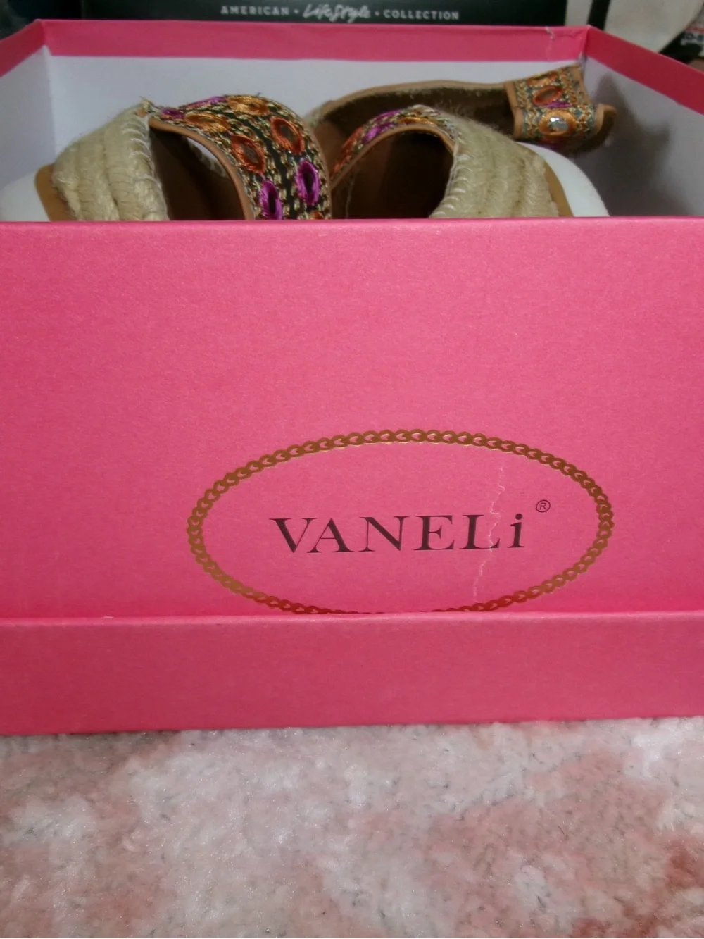 Vaneli Pink and Orange Beaded Espadrille Wedge Sandals